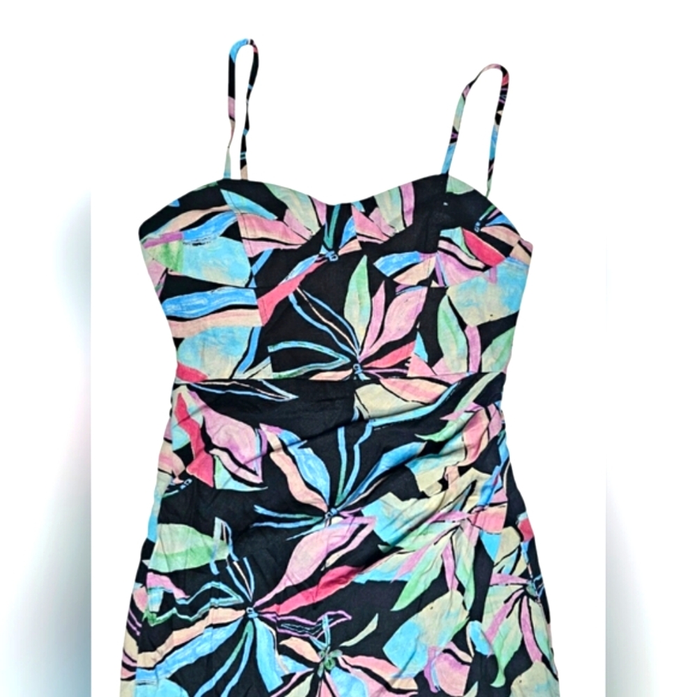 🆕️Zara Linen Floral Tropical Black & Pink Corset Faux Wrap Summer Dress - Picture 5 of 14